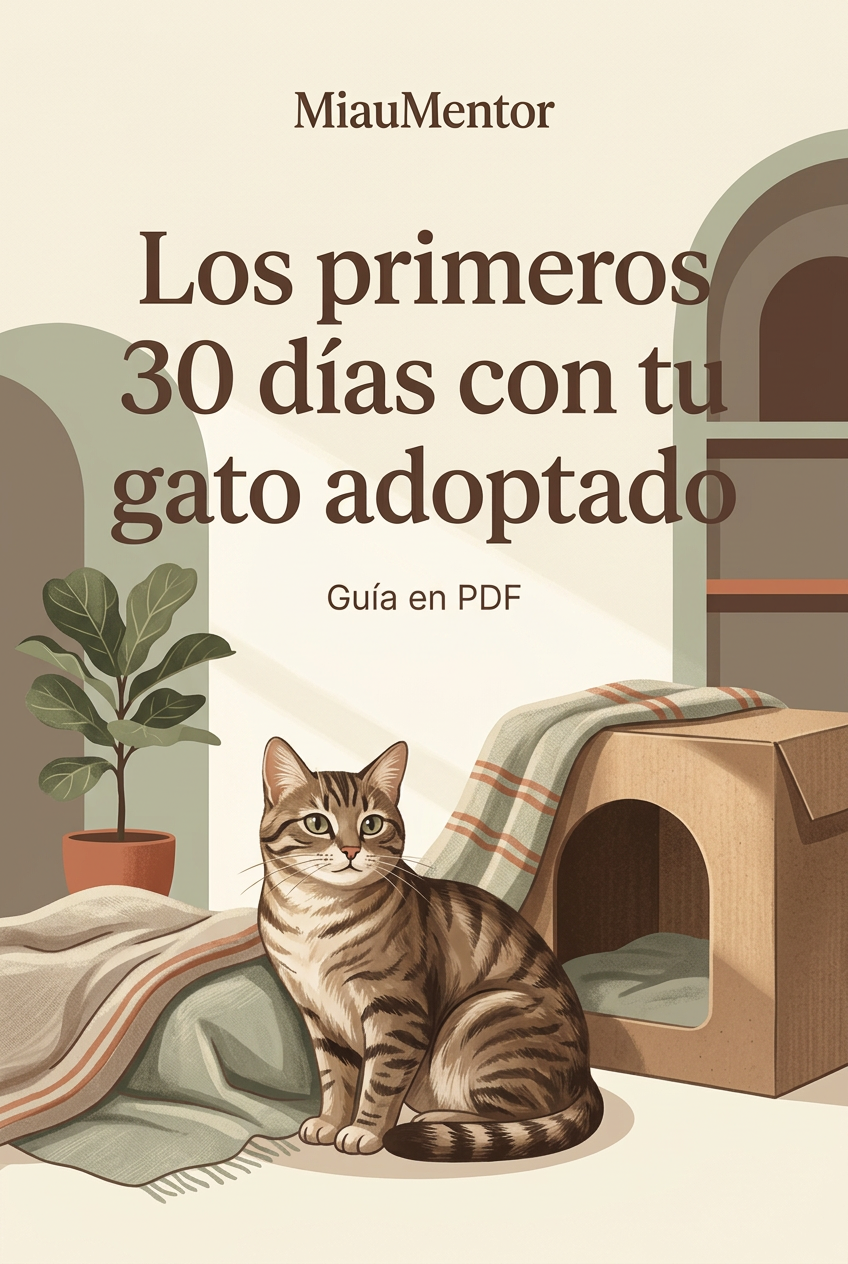 Portada ilustrativa de la guía Los primeros 30 días con tu gato adoptado de MiauMentor, con un gato en un rincón acogedor en tonos crema, salvia y terracota.