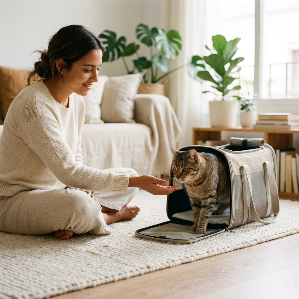Gato recién adoptado explorando su nuevo hogar junto a su persona