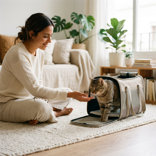 Gato recién adoptado explorando su nuevo hogar junto a su persona